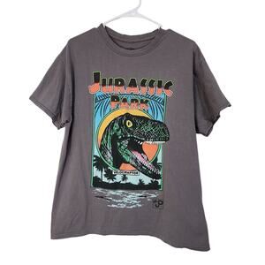 Jurassic Park Velociraptor Dinosaur T-Shirt Short Sleeve Crew Neck Gray Medium